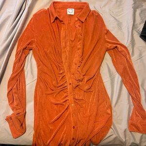 With Jean Orange Ruched Midi Dress